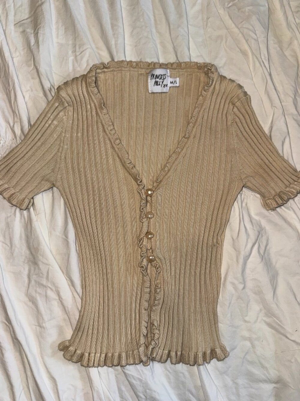 Princess Polly Beige Ribbed Knit Button-Up Top